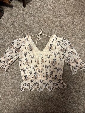 Anthropologie Cream Embroidered Tie-Back Peasant Blouse